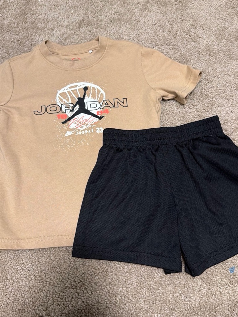 Jordan Tan Graphic Tee and Black Mesh Athletic Shorts Set